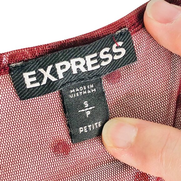 Express Small Petite Sheer Maroon Lacy Top Ruffled Bell 3/4 Sleeves Spotted - Picture 5 of 10